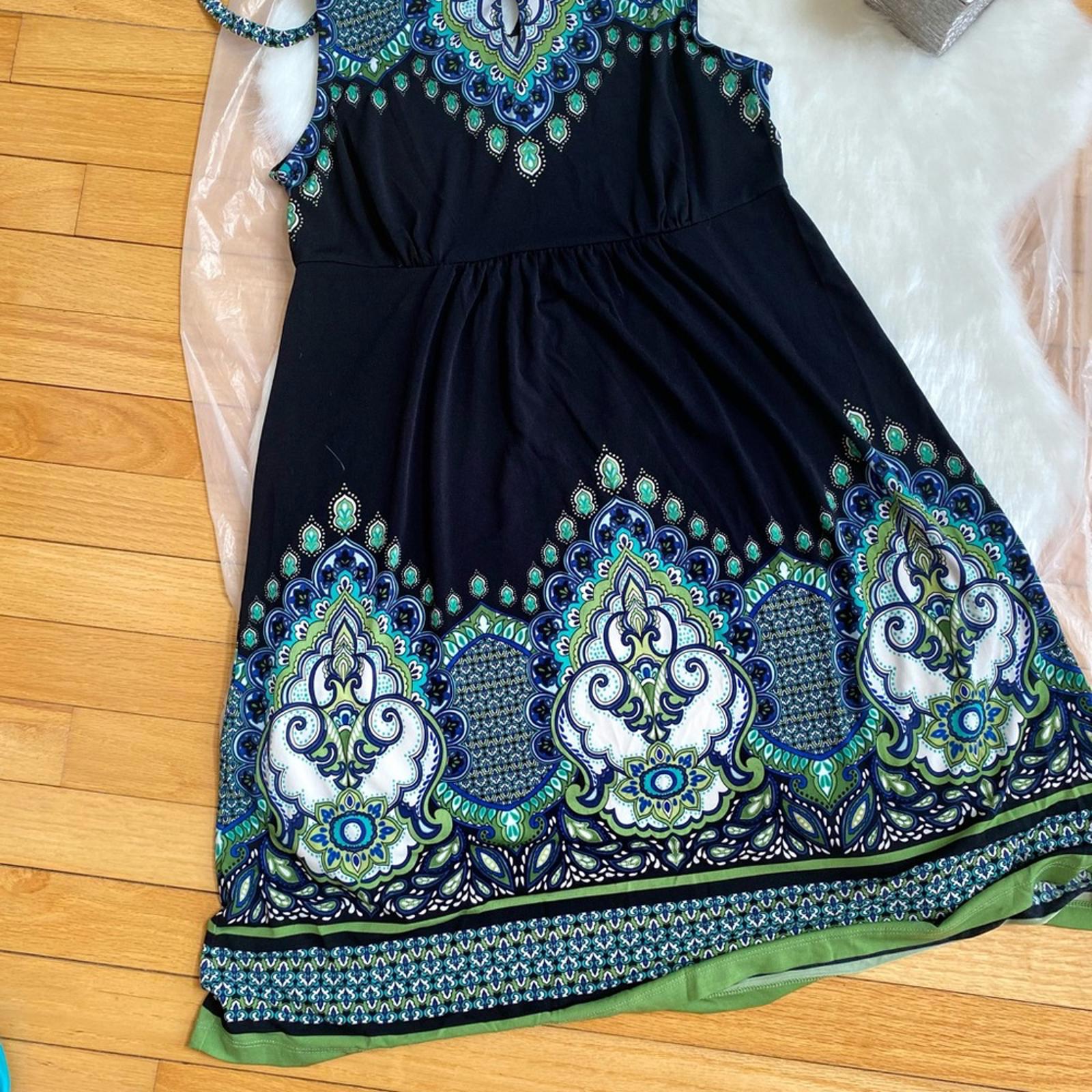 Sleeveless Black Dress With Blue And Green Ornate Pattern